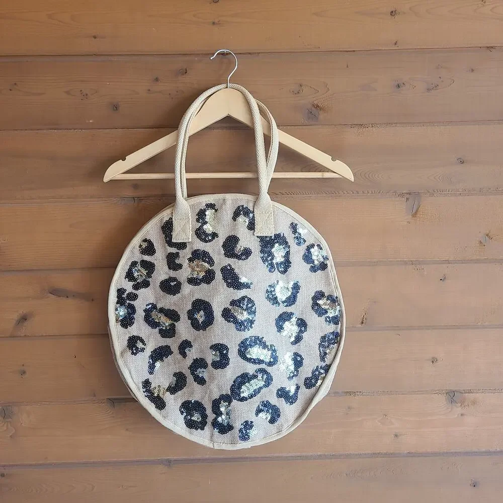 Mudpie Jute Leopard Sequin Tote Purse Tan Round Circle Beach Bag Boho Beachy